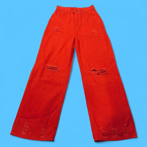 Red High-Waisted Relaxed Wide-Leg Distressed Jeans XXS